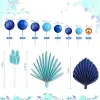 Set decor tort – tematică albastră cu Frunze, Bile și Pene Elegante, 27 piese | Ornament modern pentru torturi aniversare, nuntă și botez