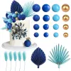 Set decor tort – tematică albastră cu Frunze, Bile și Pene Elegante, 27 piese | Ornament modern pentru torturi aniversare, nuntă și botez