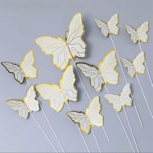 Fluturi albi cu auriu, set 10 decoratiuni cu tija suport