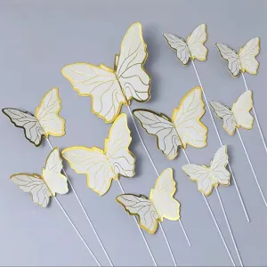 Fluturi albi cu auriu, set 10 decoratiuni cu tija suport