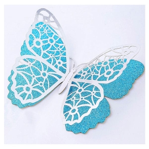 Fluturi dubli 3D albastri cu argintiu, set 12 decoratiuni