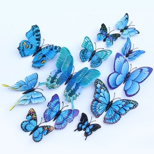 Fluturi dubli 3D albastri, set 12 decoratiuni