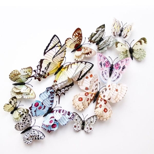 Fluturi dubli 3D multicolor cu alb, set 12 decoratiuni