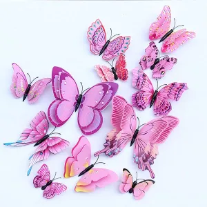 Fluturi dubli 3D roz cu mov, set 12 decoratiuni