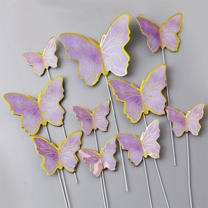 Fluturi mov cu auriu, set 10 decoratiuni cu tija suport