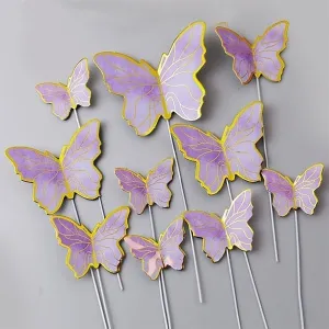 Fluturi mov cu auriu, set 10 decoratiuni cu tija suport