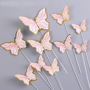 Fluturi roz cu auriu, set 10 decoratiuni cu tija suport