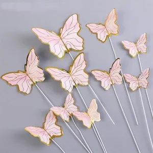 Fluturi roz cu auriu, set 10 decoratiuni cu tija suport