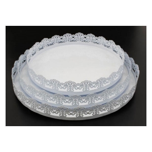Platou din metal alb rotund dantelat, set 3 buc CQ