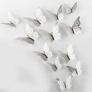 Fluturi 3D argintii, set 12 decoratiuni