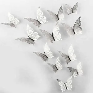 Fluturi 3D argintii, set 12 decoratiuni