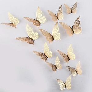 Fluturi 3D aurii, set 12 decoratiuni