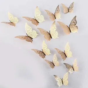Fluturi 3D aurii, set 12 decoratiuni