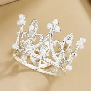 Coronita argintie din ABS cu strasuri si perle - 5*3.7 cm