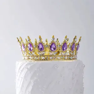 Coronita aurie din aliaj cu strasuri si perle Mov 12*5.5 cm