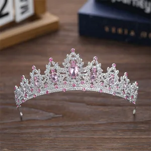 Tiara / coronita argintie din aliaj cu strasuri si perle Roz - 14.5*5.5 cm