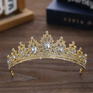 Tiara / coronita aurie din aliaj cu strasuri si perle Albe- 14.5*5.5 cm