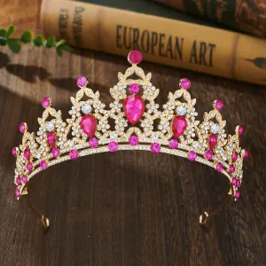 Tiara / coronita aurie din aliaj cu strasuri si perle Fuchsia - 14.5*5.5 cm