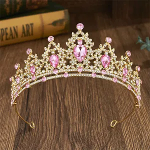 Tiara / coronita aurie din aliaj cu strasuri si perle Roz - 14.5*5.5 cm