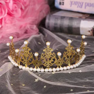 Tiara / coronita aurie din aliaj cu strasuri si perle - 17*7.3 cm