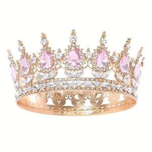 Coronita aurie din aliaj cu strasuri si perle roz deschis 15.5*5.3 cm