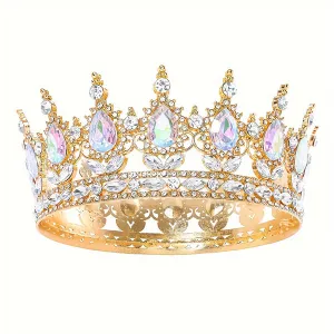 Coronita aurie din aliaj cu strasuri si perle multicolore 15.5*5.3 cm