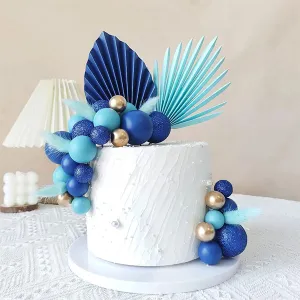 Set decor tort – tematică albastră cu Frunze, Bile și Pene Elegante, 27 piese | Ornament modern pentru torturi aniversare, nuntă și botez
