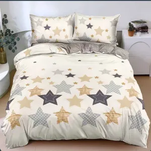 Lenjerie de pat din bumbac satinat cu elastic - crem cu stele gri