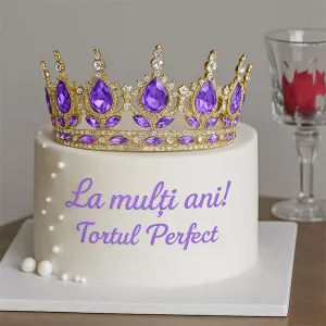 Coronita aurie din aliaj cu strasuri si perle mov 15.5*5.3 cm