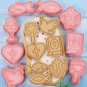 Set forme decupatoare biscuiți religioase – cruce, pește, porumbel, biblie – 8 modele, dimensiuni variate