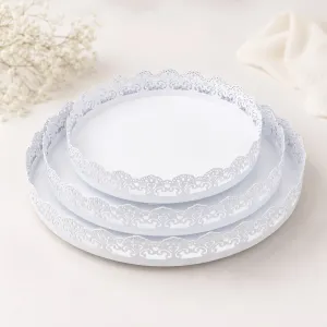 Platou din metal alb rotund dantelat, set 3 buc CQ