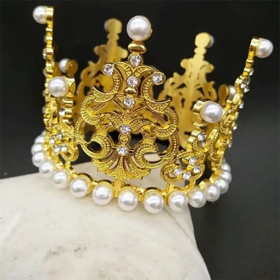 Coroana, coronita aurie din aliaj cu strasuri si perle - 7*5.5 cm