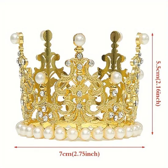 Coroana, coronita aurie din aliaj cu strasuri si perle - 7*5.5 cm