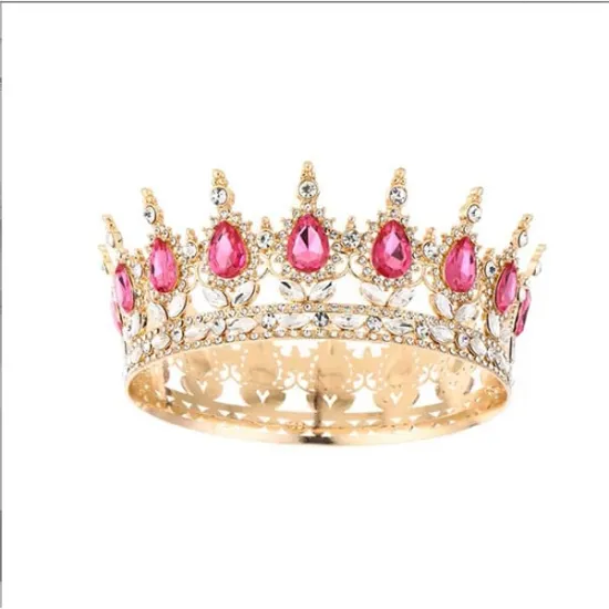 Coronita aurie din aliaj cu strasuri si perle roz 15.5*5.3 cm