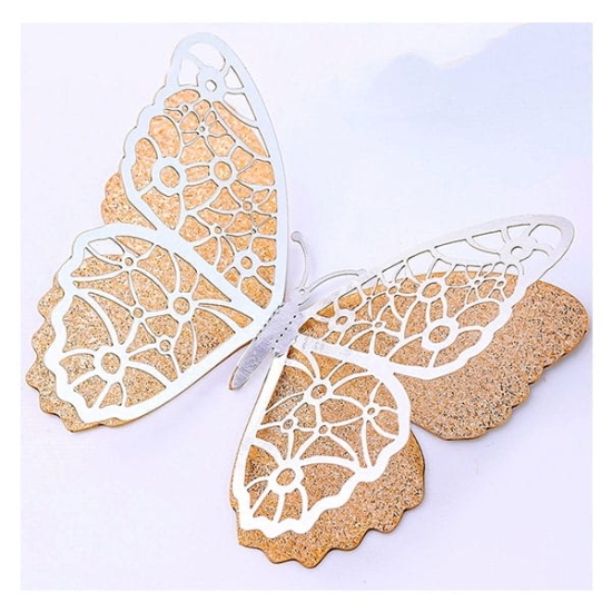 Fluturi dubli 3D aurii cu argintiu, set 12 decoratiuni