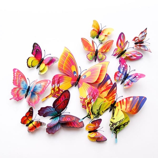 Fluturi dubli 3D multicolor, set 12 decoratiuni