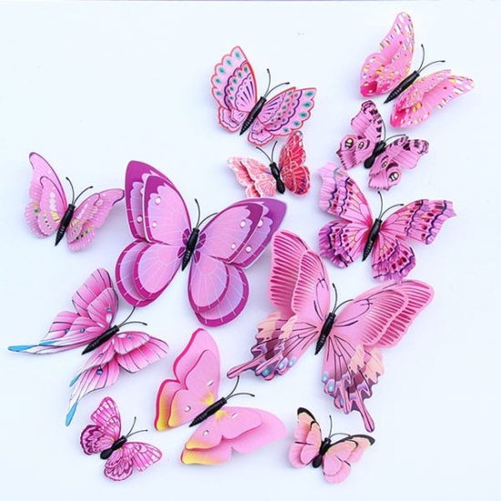 Fluturi dubli 3D roz cu mov, set 12 decoratiuni