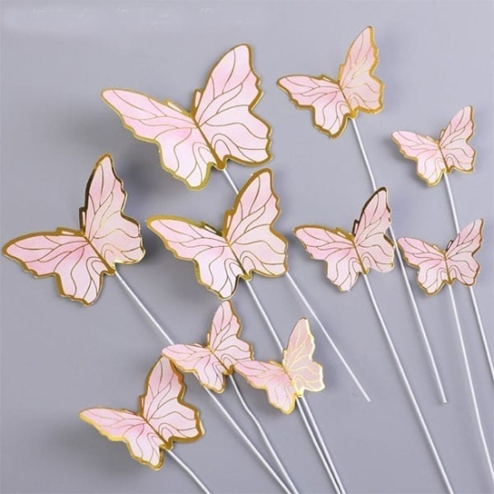 Fluturi roz cu auriu, set 10 decoratiuni cu tija suport