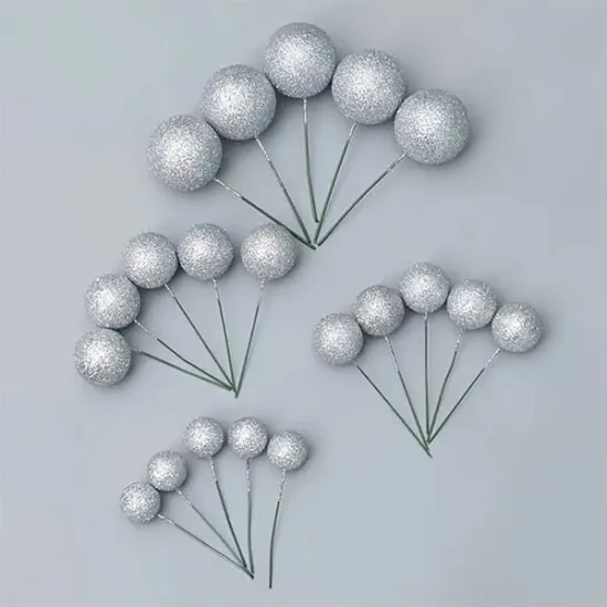 Set 20 sfere pentru decor tort, Argintii stralucitor (sclipici)