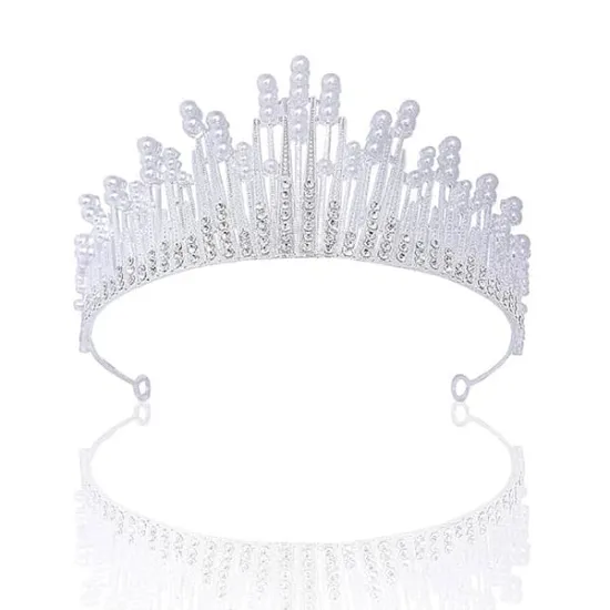 Tiara/ coronita argintie din aliaj cu strasuri si perle - 14.5*7 cm