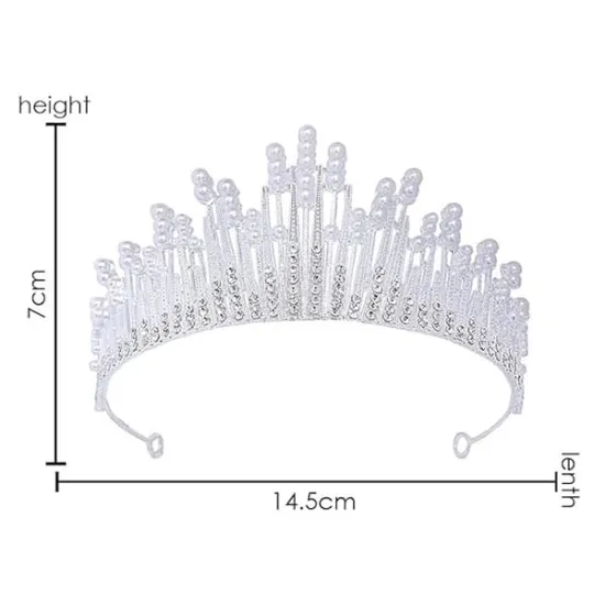 Tiara/ coronita argintie din aliaj cu strasuri si perle - 14.5*7 cm