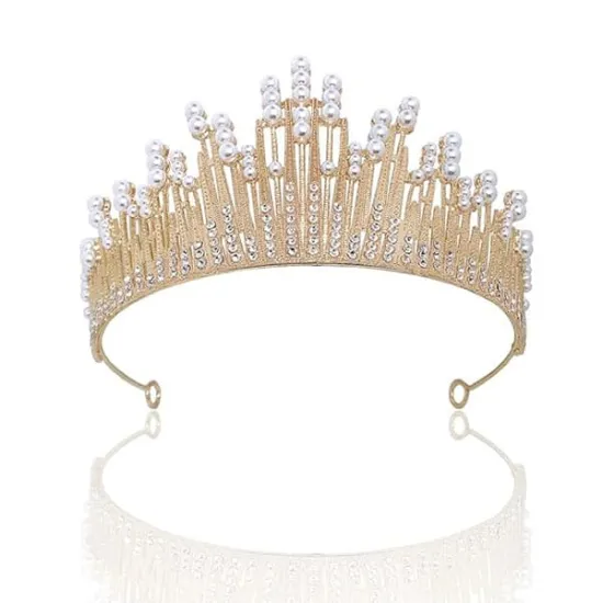 Tiara/ coronita aurie din aliaj cu strasuri si perle - 14.5*7 cm