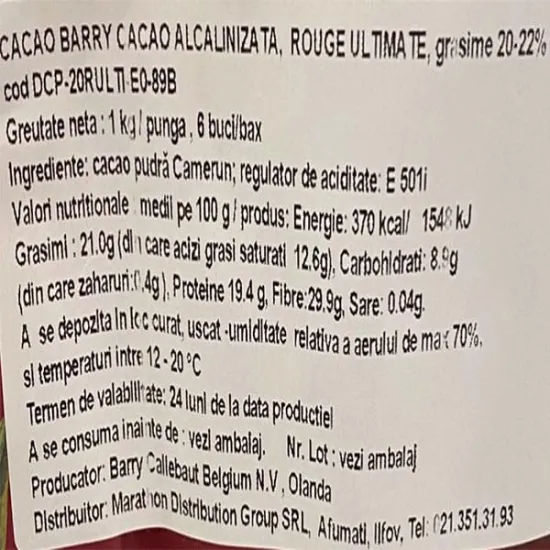 Cacao pudra Alcalinizata 20-22% Rouge Ultime, 1 Kg