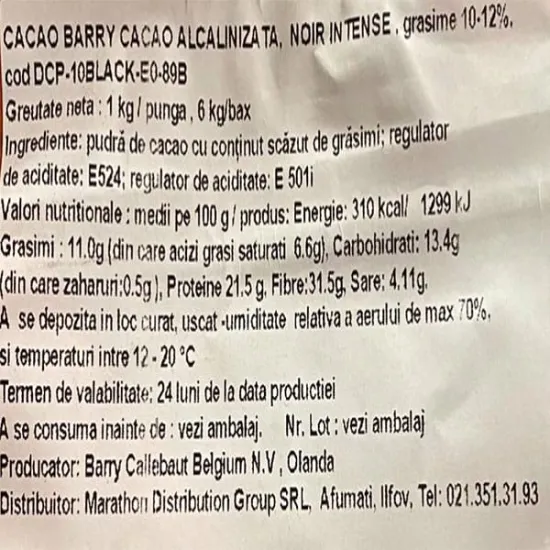 Cacao pudra Alcalinizata neagra NOIR/black INTENSE BARRY, 10-12%, 1kg