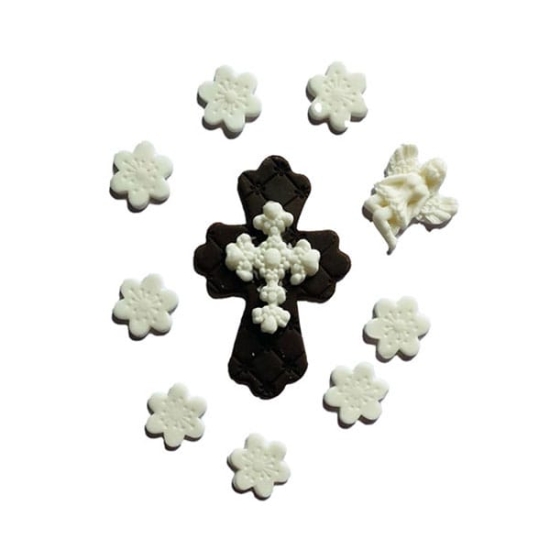 Decoratiuni din pasta de zahar | Cruce, inger si flori albe