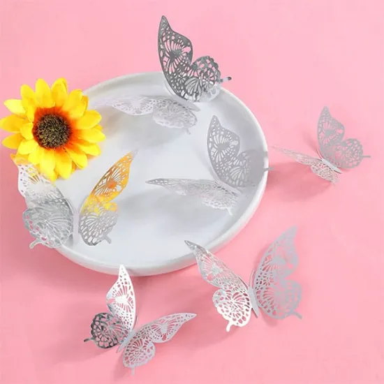 Fluturi 3D argintii, set 12 decoratiuni