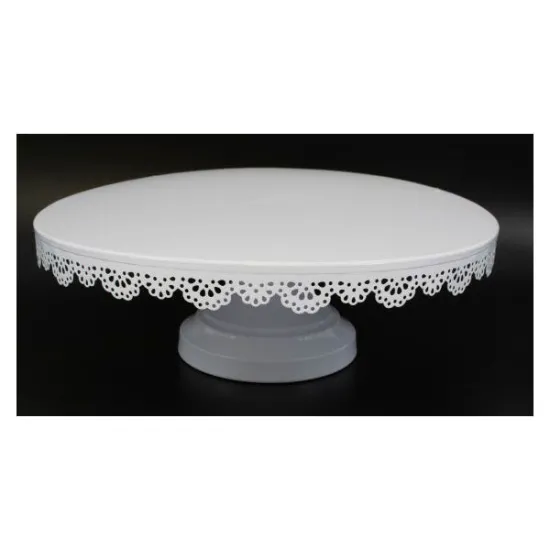 Platou din metal rotund cu picior dantelat, 35 cm alb