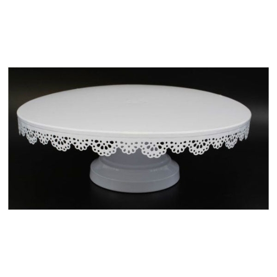 Platou din metal rotund cu picior dantelat, 30 cm alb