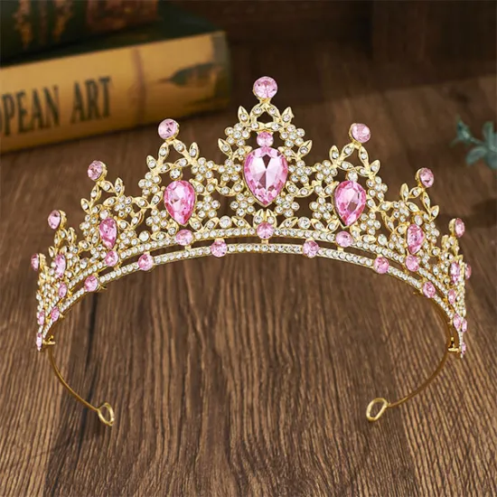 Tiara / coronita aurie din aliaj cu strasuri si perle Roz - 14.5*5.5 cm