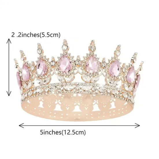 Coronita aurie din aliaj cu strasuri si perle roz deschis 15.5*5.3 cm